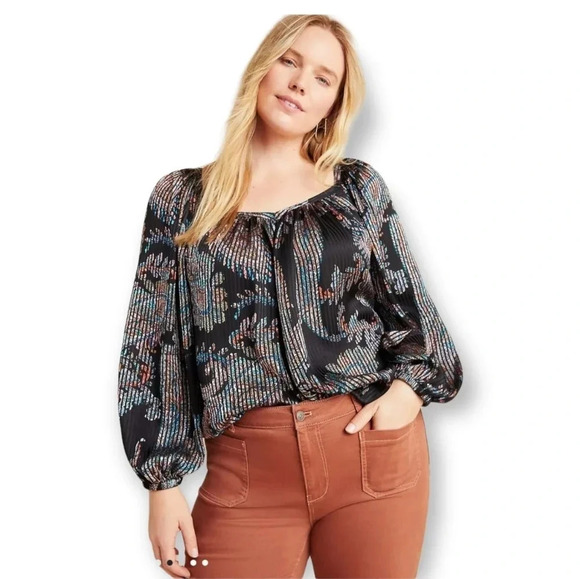 Anthropologie Maeve Madeira Boho Satin Shimmer Abstract Paisley Blouse Medium - Picture 10 of 16